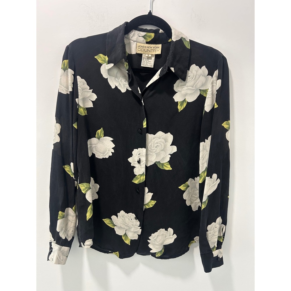 Jones New York 100% Silk Blouse Black White Floral Rose Print Button Down Size 6